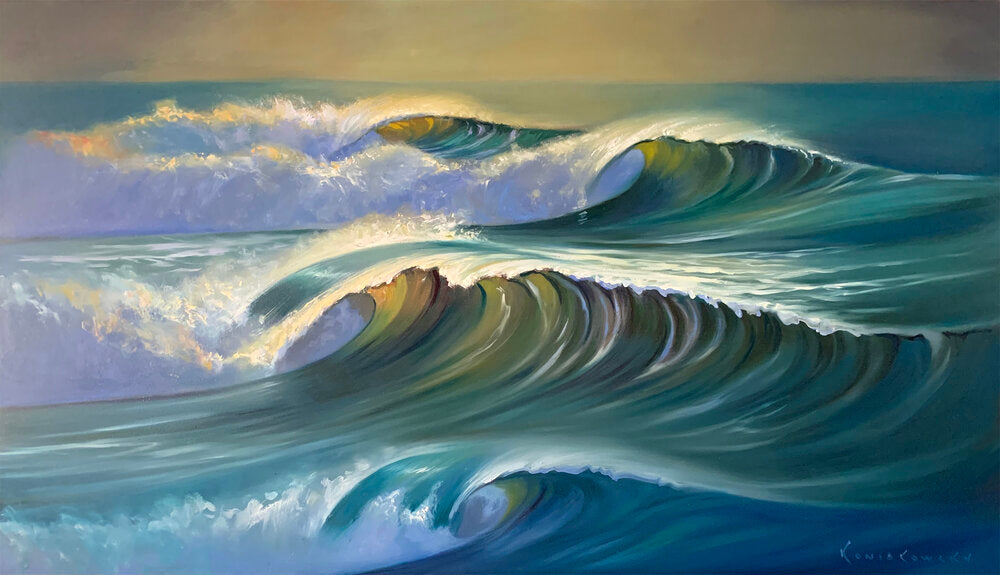 "Waves for Days" This eye catching oceanscape was inspired by the terrific surf on the Pacific Coast in the winter of 2020/2021. Although, the color goes a bit toward the tropics rather than the grays of California, which is simply artistic license- the artist exploring the delicate balance of warms and cools. This giclee, especially in the larger sizes makes a nice "statement piece" for your living area.