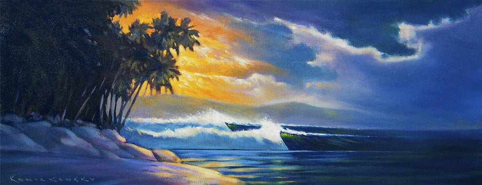 "Waves of Gold"  Peeling left handed waves with bright white highlights make this setting a surfer's paradise. This bright golden sky with majestic mountains in the distance and palm trees on the shoreline brings a topical feel to any space. 