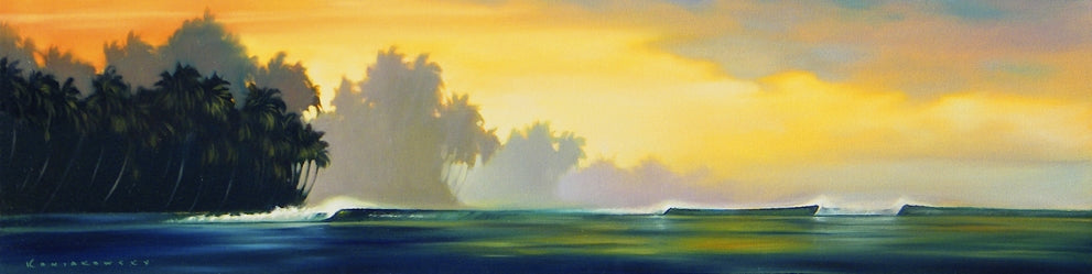 "Yellow Fever" Peeling glassy waves under a bright yellow sky make this scene a surfer's paradise. Silhouettes of palm trees along the shore bring a tropical feel to any space. 